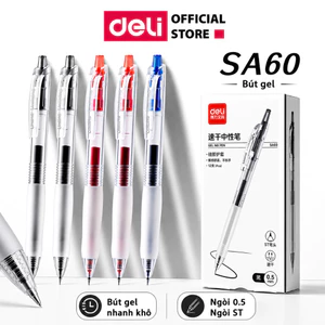 Combo 3/5/12 Bút Gel Nhanh Khô Deli SA60 0.5mm - 3 Màu Xanh Đen Đỏ Ngòi ST, Mực Ra Đều, Viết Trơn, Không Lem Mực