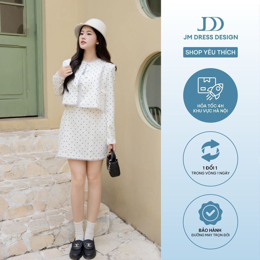 Set Áo Blazer Cổ Tròn Dáng Suông Kẹp Ren 5B07.2508K + Đầm 2 Dây 1 Hàng Cúc Phối Ren 1F04.2508K | Outfit Chic Retro JM