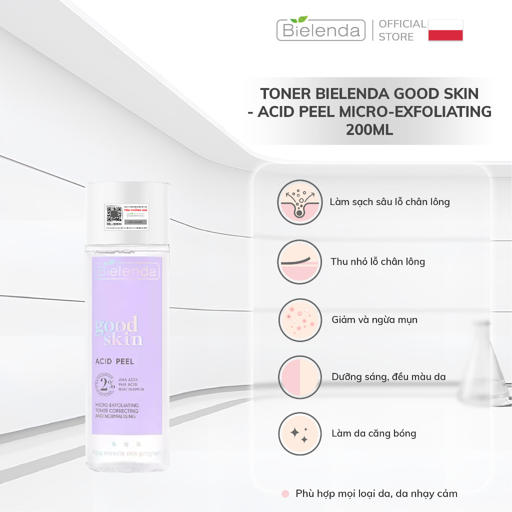 Toner Bielenda Good Skin - Acid Peel Micro-Exfoliating làm sạch sâu, mờ thâm, hỗ trợ giảm mụn, mờ thâm 200ml