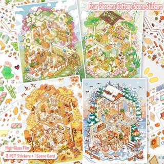 ENWEI 5 Cái [Dòng tranh nhà ổ chuột mùa xuân] Nhãn dán phong cảnh Lotus Breeze Retreat Osmanthus Fragrant House Oversized Pine Snow Warm Lodge Trang trí nhật ký