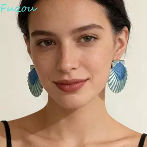 Bông tai vỏ ốc xà cừ FUJIOU, Bông tai phong cách đại dương không gây dị ứng bằng thép không gỉ, Hợp thời trang Bông tai biển sang trọng đầy màu sắc tinh tế