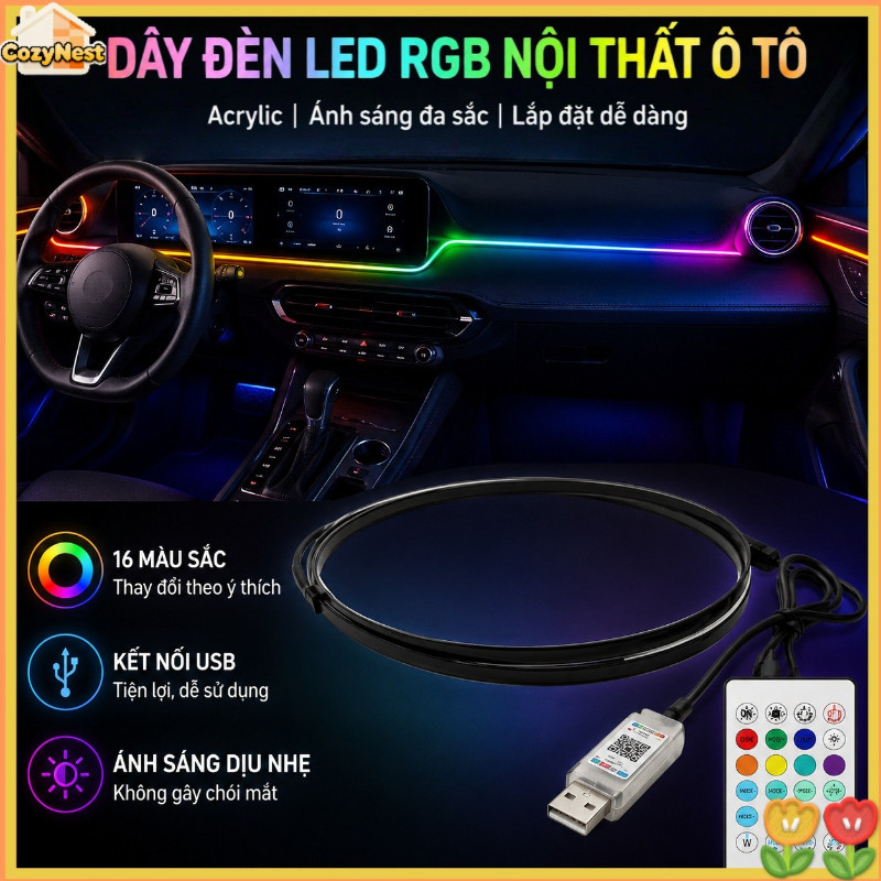 Dây đèn LED RGB nội thất ô tô acrylic, cắm USB là chạy, điều khiển App + remote, trang trí xe hơi