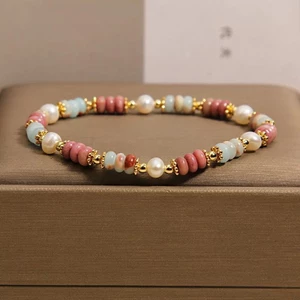 Vòng tay đá Shoushan ngọc trai tự nhiên dành cho nữ - Hạt bàn thảo Pastel đầy màu sắc - Miếng đệm kết cấu mạ vàng - Trang sức hàng ngày thủ công đàn hồi