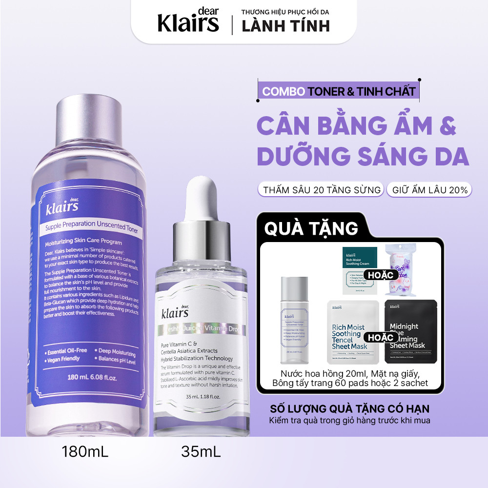 Combo Dear Klairs Freshly Juiced Vitamin Drop + Supple Preparation  Toner 180ml [FS]