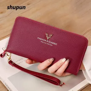 Ví dài SHUPUN, Ví đựng tiền xu bằng da dung tích lớn, Túi đựng thẻ dây kéo đa chức năng dành cho nữ