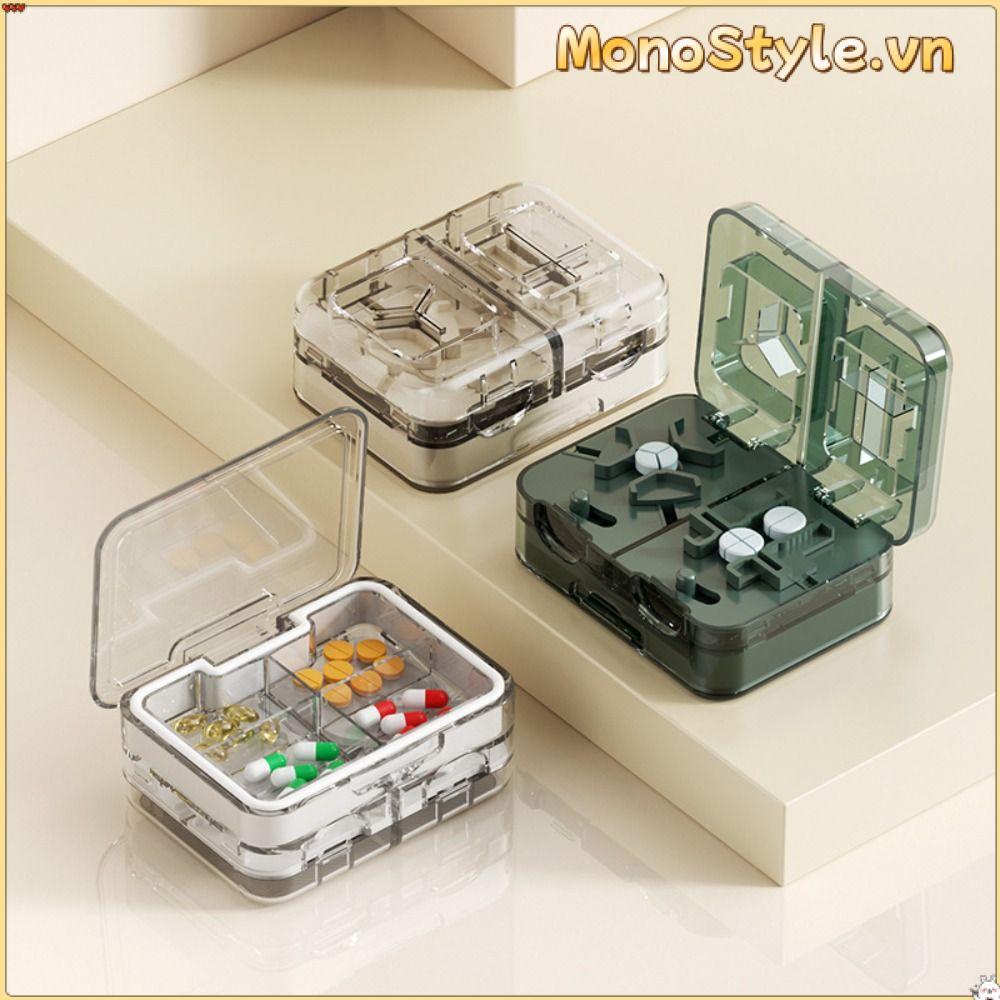 Hộp đựng thuốc MONOSTYLE, Hộp đựng thuốc hai lớp 4 ngăn có máy cắt thuốc, Hộp đựng máy tính bảng kín Mini trong suốt