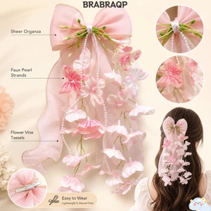 Kẹp Nơ Tóc BRARAA, Dây Giả Hoa Viền Nơ Kẹp Tóc, Nơ Mềm Mại Dễ Thương Phong Cách Thanh Lịch Sheer Ruy Băng Kẹp Tóc Quà Tặng
