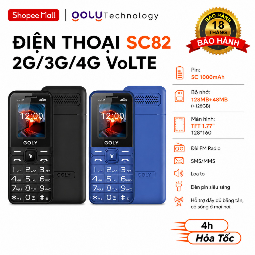 [GOLY] Điện Thoại GOLY Chính Hãng SC82, Kết Nối 2G/3G/4G, Sóng Mạnh, Dễ Sử Dụng, Bảo Hành 18 Tháng
