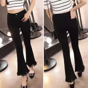 Mùa hè 2026 Plus size Quần Denim dài đến mắt cá chân màu đen dài đến mắt cá chân Fat Sister Tua Rua Frayed Edge Loose Covering Thịt Slimer Look Hàn Quốc Wide-