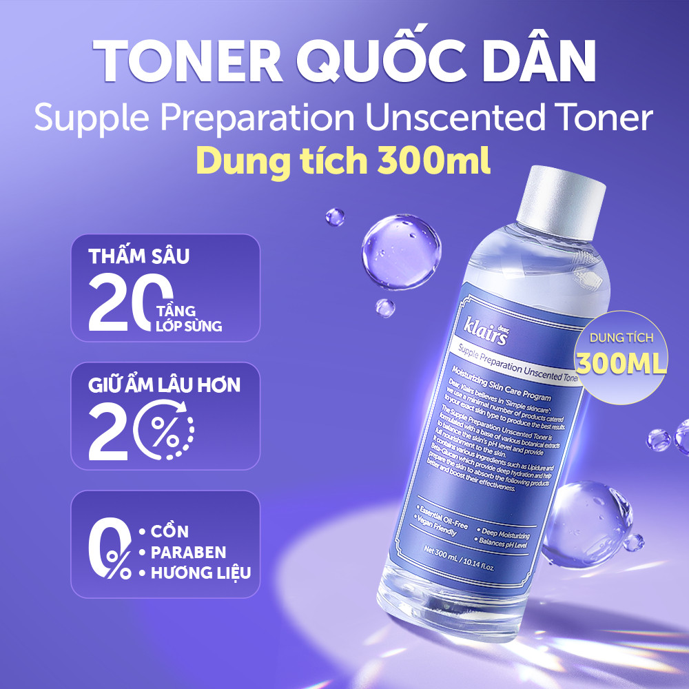 Nước hoa hồng Dear, Klairs Supple Preparation Unscented Toner hỗ trợ cấp ẩm 300ml [FS]
