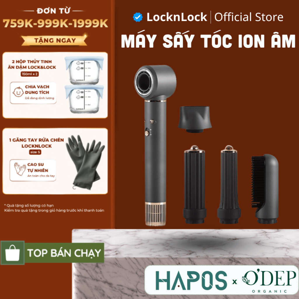 Máy sấy tóc ION âm tạo kiểu LocknLock Chính hãng, 5 loại đầu sấy, giảm xơ rối Multi Hair Dryer ENA426GRY- HAPOS LOF