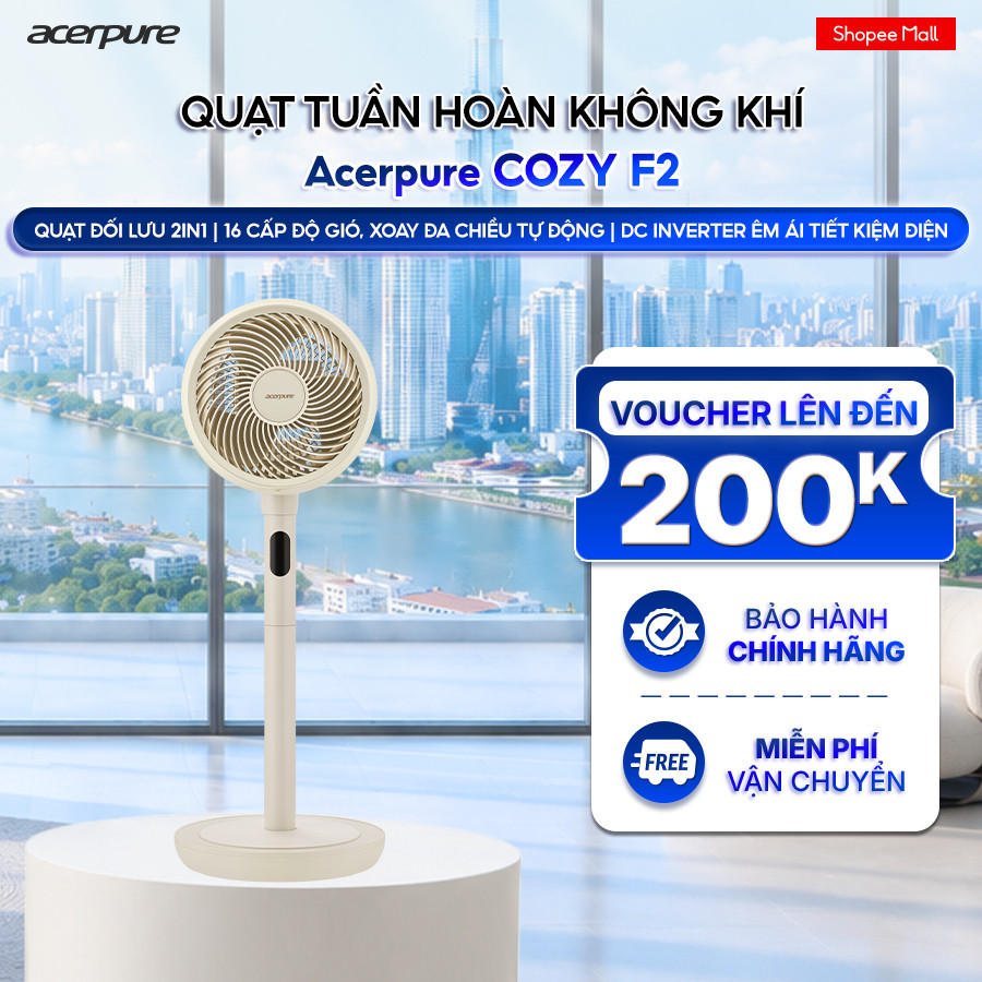 Quạt tuần hoàn không khí Acerpure Cozy F2 động cơ Inverter tiết kiệm điện, gió 25m - BH 12 tháng