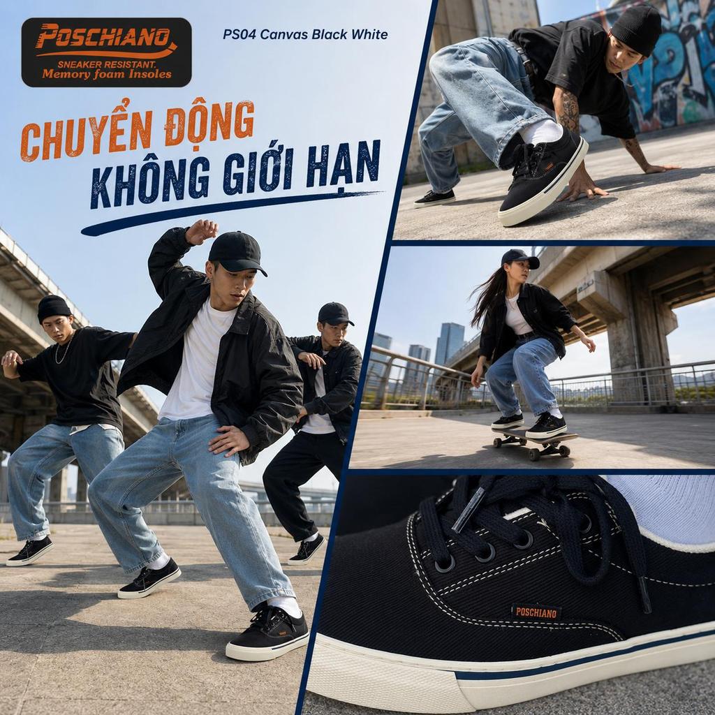 [PS04 Canvas Black White] Giày Sneaker - Poschiano - NAM - NỮ Chống trơn trượt  - Vải Canvas Cao Cấp - Đế Cao Su Crepe  | BigBuy360 - bigbuy360.vn