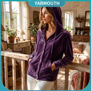 YYR _ Button Áo hoodie nhung phía trước dài tay ấm áp dành cho nữ Nút nhung phía trước Áo hoodie dài tay dáng rộng vừa vặn Áo khoác dây rút Áo khoác ấm áp cho mùa thu đông – cho Đông Nam