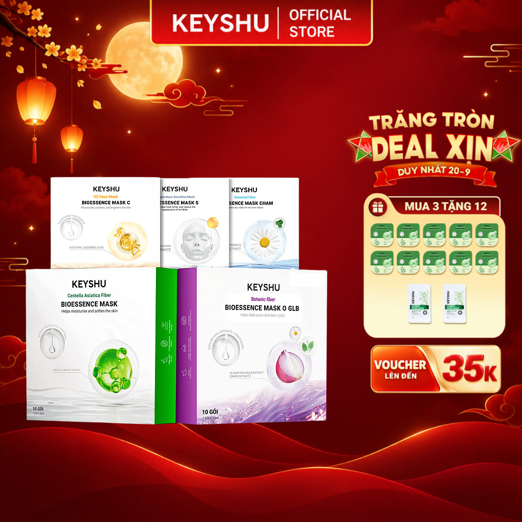 [DUY NHẤT T9] Combo 3 Hộp Mặt Nạ KEYSHU Hỗ Trợ Dưỡng Ẩm Và Làm Dịu Da (Rau Má, Hành Tím, Vitamin C, Hoa Cúc, Nâng Cơ)