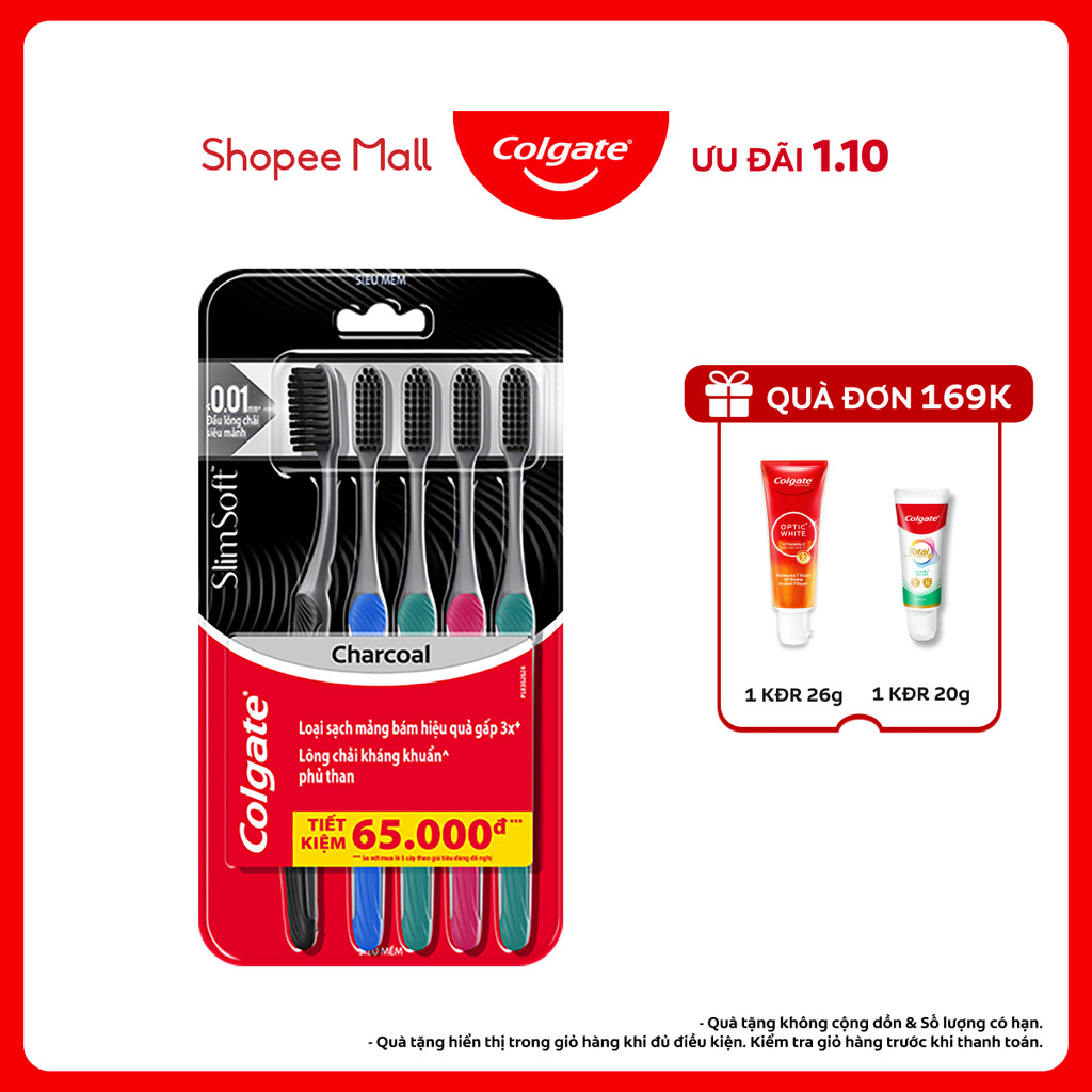 Bộ 5 Bàn chải Colgate SlimSoft Charcoal than hoạt tính kháng khuẩn siêu mềm mảnh
