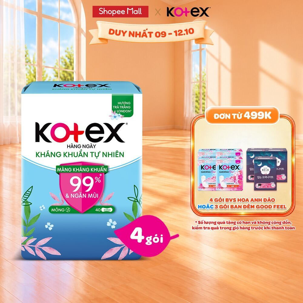 Combo 4/Combo 8 gói băng vệ sinh Kotex hằng ngày kháng khuẩn không cánh (40M/gói)