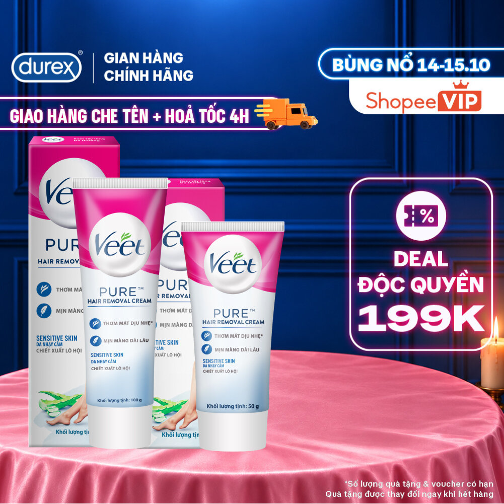 [DEAL 199K] Combo 2 hộp Kem tẩy lông Veet Pure cho da nhạy cảm, hộp 50g và hộp 100g, công thức Pure cải tiến