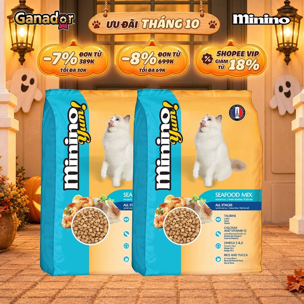 [CHỌN VỊ] Combo 2 x Thức ăn hạt cho mèo Minino Yum vị Hải sản/Cá hồi/Mực Túi 1.5kg