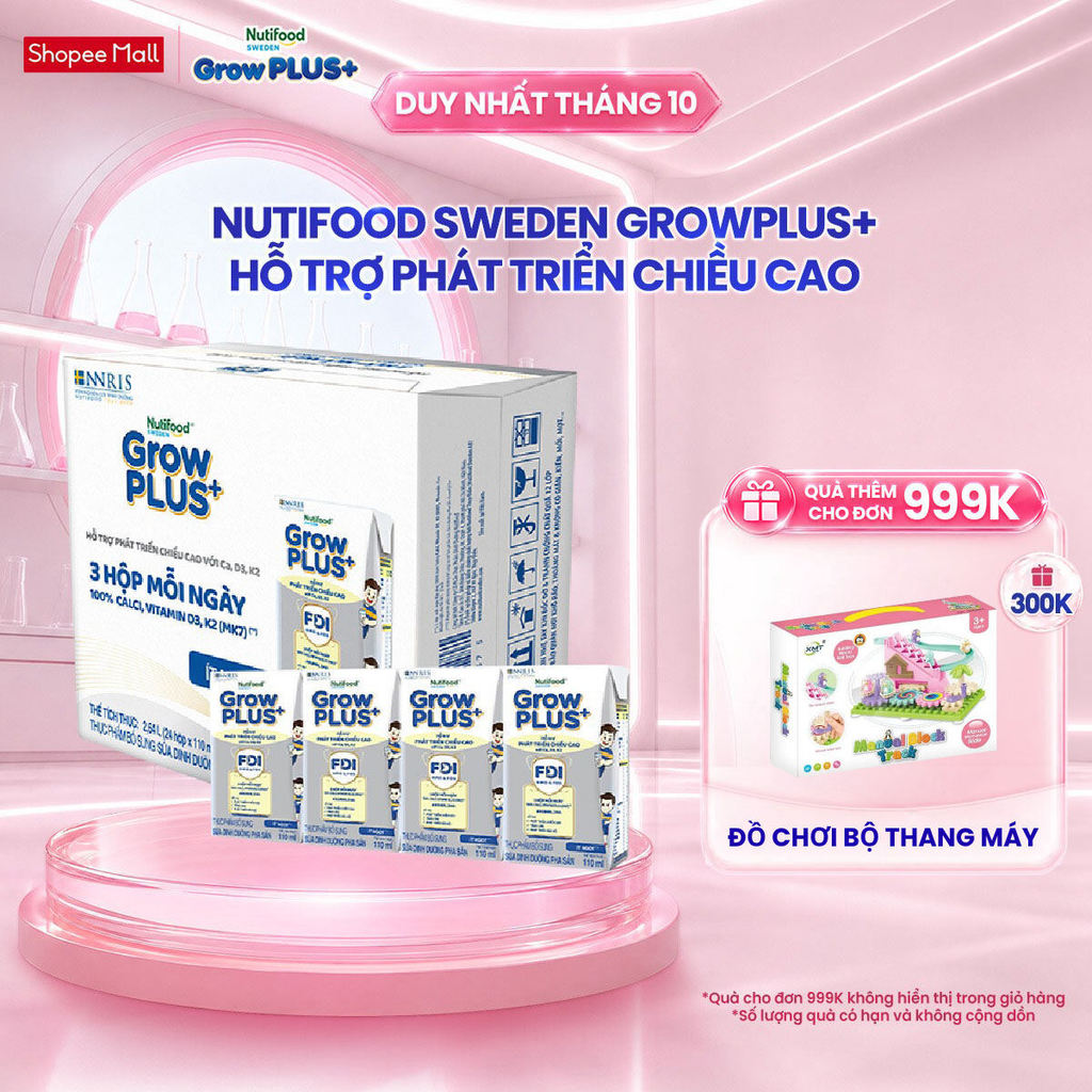 Thùng 24 hộp Sữa Bột Pha Sẵn Nutifood Sweden GrowPLUS+ Cao lớn vượt trội hộp 110 ml