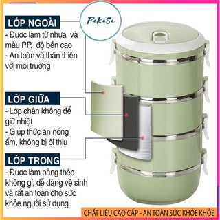 Hộp Đựng Cơm Văn Phòng Giữ Nhiệt 4 Tầng, Cặp Lồng Đựng Cơm Bằng Lúa Mạch Lõi Inox Cao Cấp Tiện Dụng kèm đũa muỗng