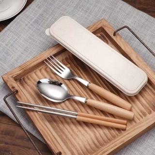 [Hàng đẹp] Bộ muỗng đũa nĩa cao cấp chất liệu inox, cán gỗ, kèm hộp đựng - tiện dụng, siêu bền