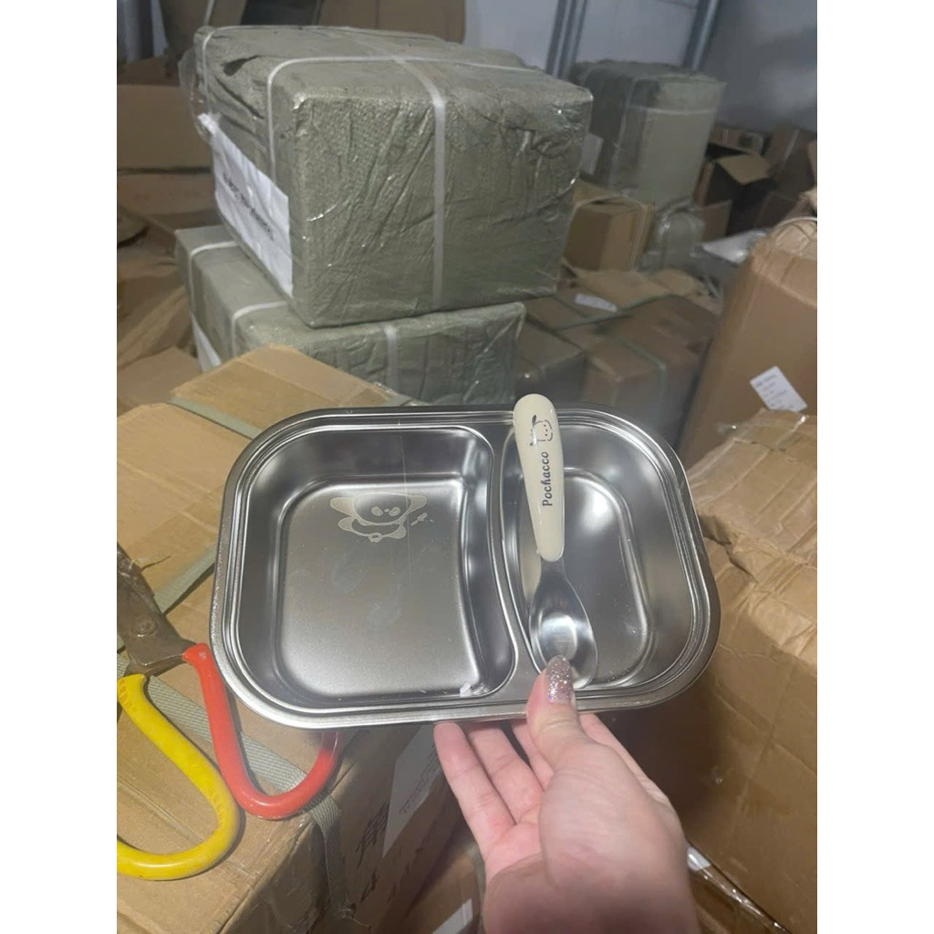 Khay Ăn Dặm Inox 304 2 Ngăn Cho Bé Kèm Thìa Hình Thú Dễ Thương Cách Nhiệt Giữ Ấm An Toàn Cho Trẻ