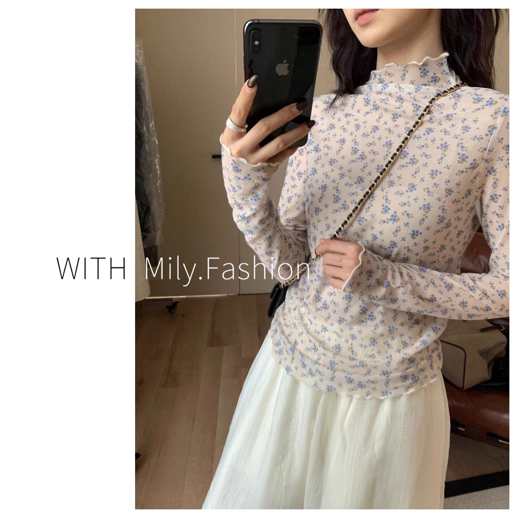 Vải lưới đàn hồi cao Milyfashion Slim-fit Slimmer Look Phong cách mới Phù hợp với hoa cổ cao dài tay T Sunscre