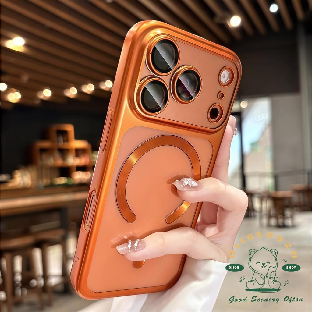 【 Ốp lưng iPhone17 】 Ốp điện thoại hấp dẫn từ tính mạ mờ siêu mỏng màu cam iphone 17 Pro Max 16 15 cho vỏ iPhone PC Vỏ cứng chống sốc