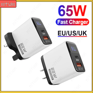 Bộ sạc nhanh 65W GaN USB + Type C Bộ sạc điện thoại treo tường cổng kép Sạc nhanh với màn hình kỹ thuật số Bộ chuyển đổi nguồn du lịch US / UK / EU Bộ chuyển đổi đầu sạc Bộ sạc nhanh