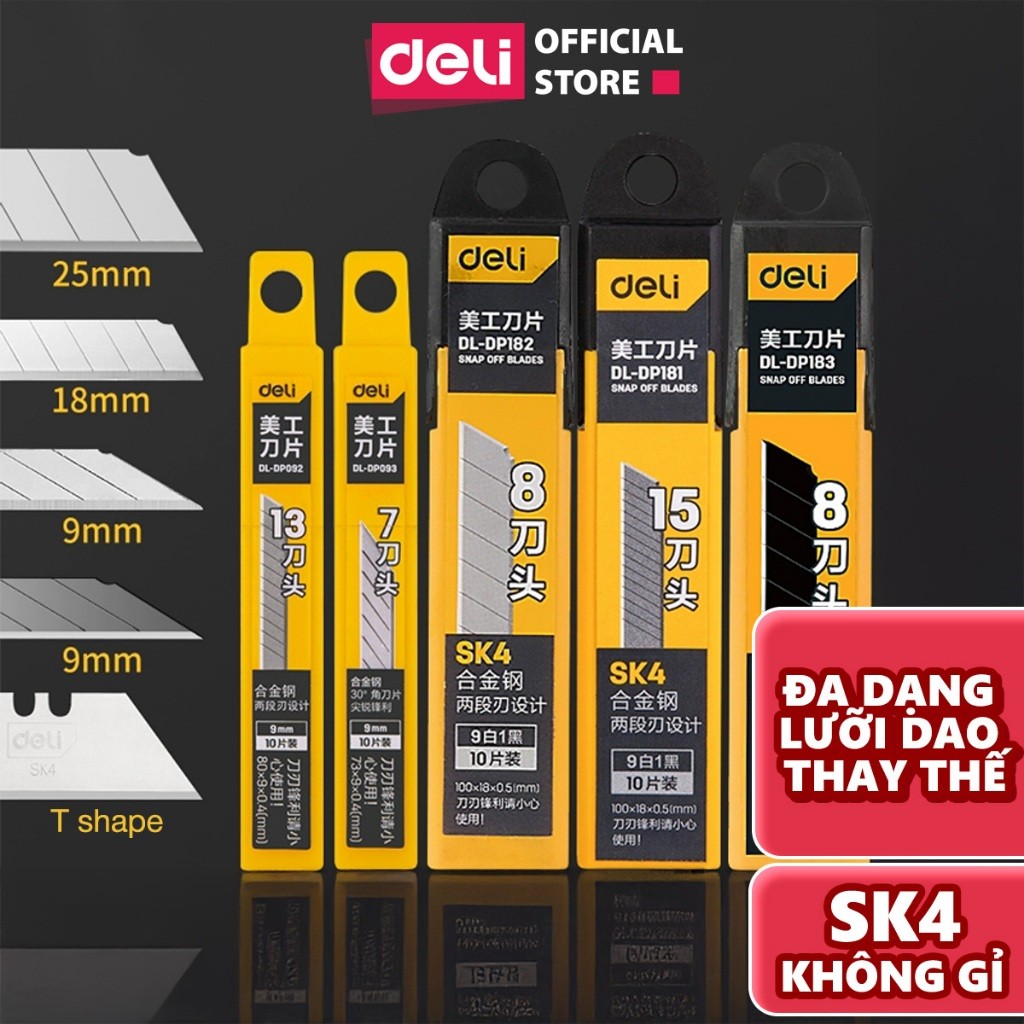 Hộp 10 Lưỡi dao rọc giấy size lớn nhỏ Deli Cao Cấp Chất Liệu Thép Hợp Kim SK5 Bền Thiết Kế Dễ Sử Dụng Nhỏ Gọn