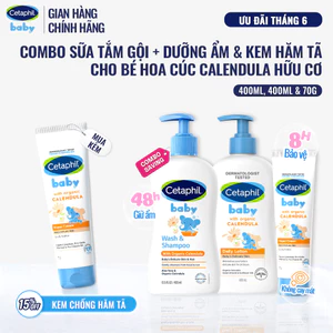 Bộ Sữa tắm gội 400ML + Sữa dưỡng ẩm 400ML + Kem chống hăm tã 70G dịu lành cho bé với Calendula hoa cúc hữu cơ
