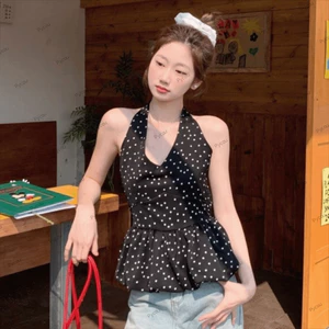 Áo dây đeo không tay PYCOU, Áo ba lỗ hở lưng Slim Fit thông thường, Áo ba lỗ treo cổ họa tiết mùa hè