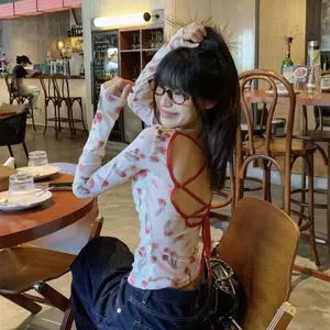 Áo thun dài tay in họa tiết hoa hồng cổ điển kiểu Mỹ dành cho nữ mùa thu có dây buộc gợi cảm