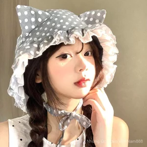 Chấm Bi Tai Mèo Ren Baotou Mũ Nữ Xuân Hè Mỏng Phong Cách Ngọt Ngào Dễ Thương Nhìn Mặt Mũ Chui Đầu Có Dây Nhỏ