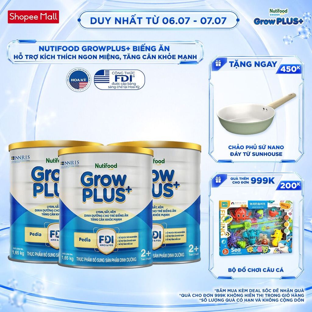 Combo 3 Sữa Bột Nutifood GrowPLUS+ Biếng Ăn (Xanh) 2+ - Tăng Cân Khỏe Mạnh (3 Lon 1,65 Kg)