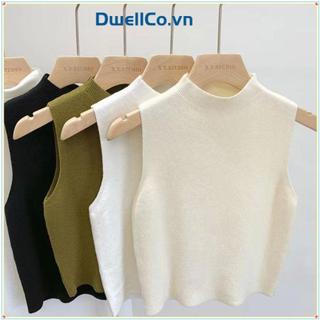 Áo len dệt kim DWELLCO màu trơn, thiết kế hai dây cổ tròn thanh lịch dành cho nữ