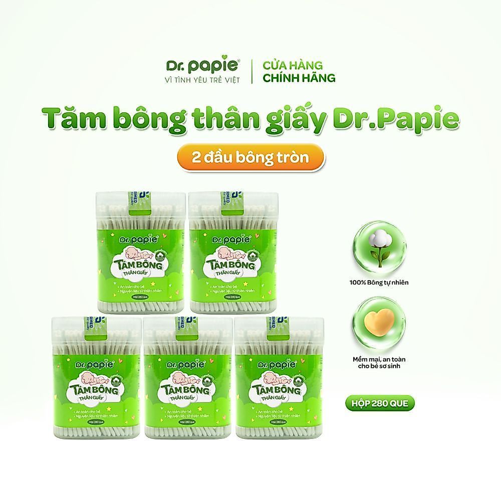 Combo 5 hộp tăm bông thân giấy Dr.Papie 2 đầu tròn 100% cotton mềm mại, an toàn, vệ sinh cho bé sơ sinh (280c /hộp)