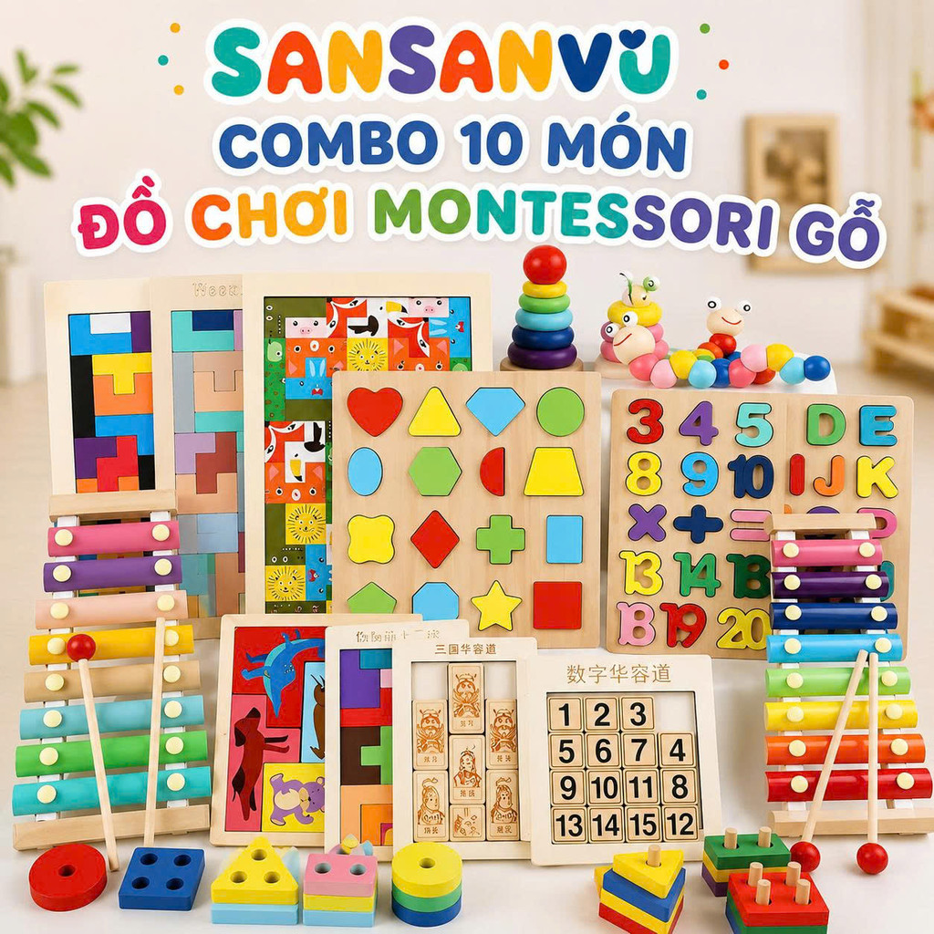 COMBO 10 MÓN ĐỒ CHƠI GỖ MONTESSORI THÔNG MINH PHÁT TRIỂN TRÍ TUỆ CHO BÉ