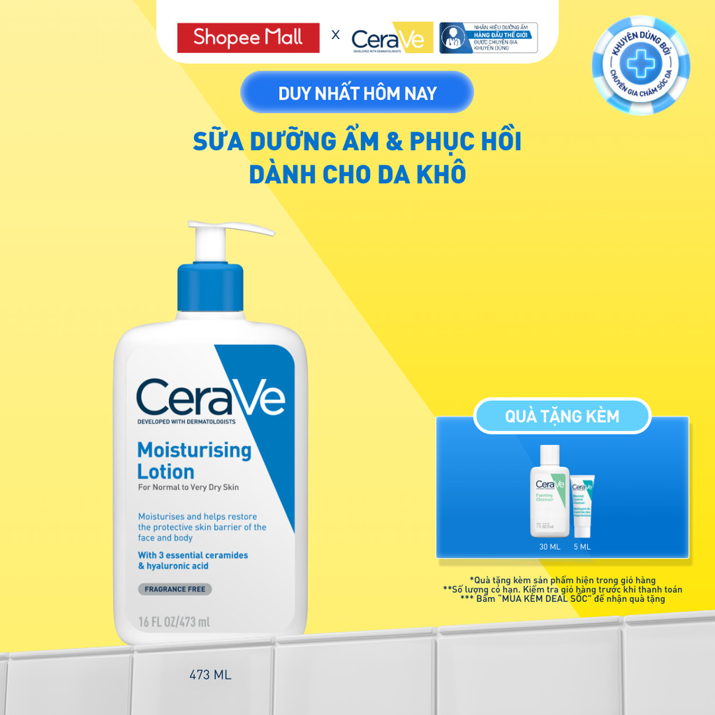 Sữa dưỡng ẩm phục hồi chuyên sâu và giữ da ẩm mịn suốt 48H, duy trì hàng rào bảo vệ da CERAVE MOISTURISING LOTION 473ML