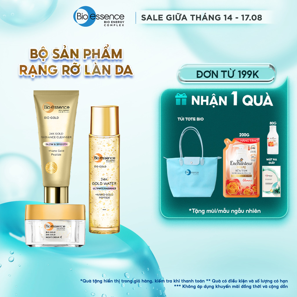 Bộ Bio-essence Bio-essence Gold – Tinh chất vàng 24k: Nước dưỡng 150ml, Sữa rửa mặt 100g, Kem Dưỡng Da Ngày/ Đêm 40g