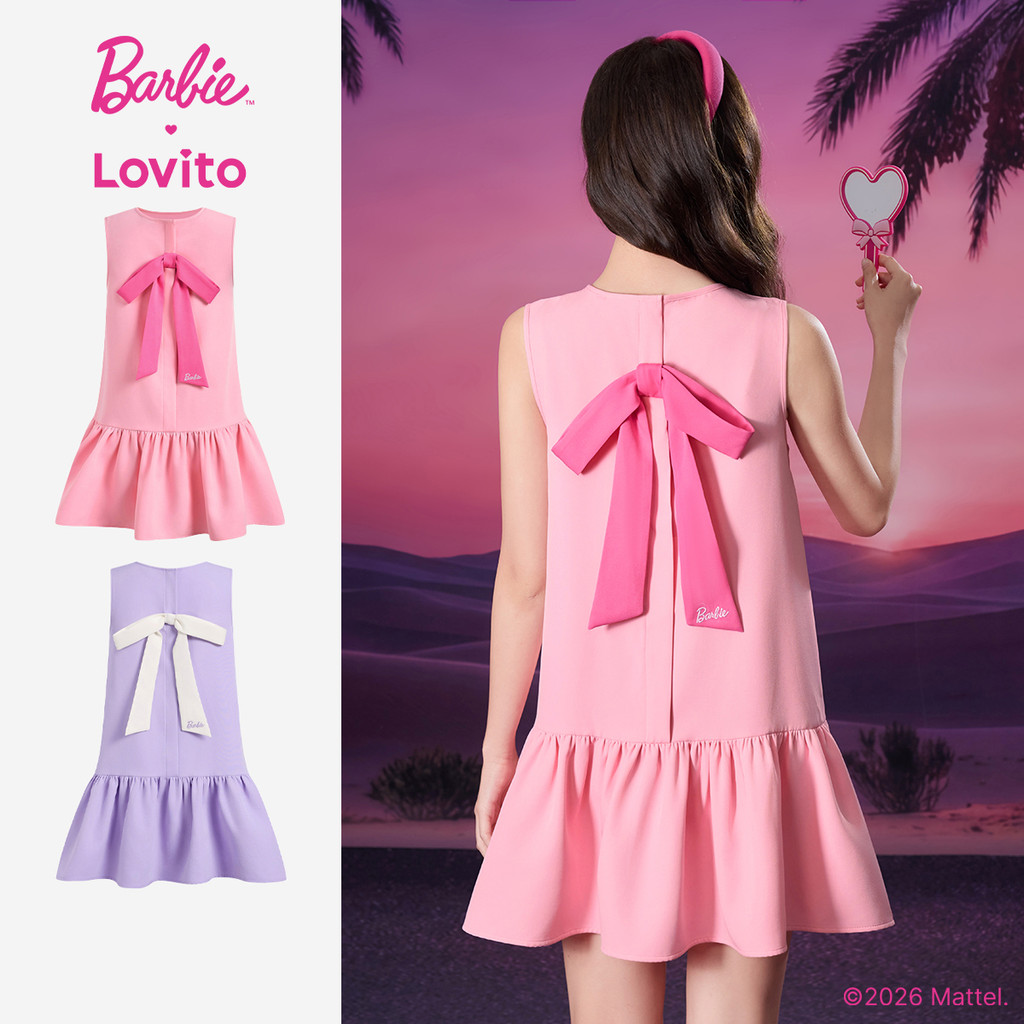Barbie™ X Lovito Váy Đầm Nữ Mini Tím Xuân/Hè Dáng A Phối Màu Nơ Sau Lưng Thêu Họa Tiết LBL5AD048