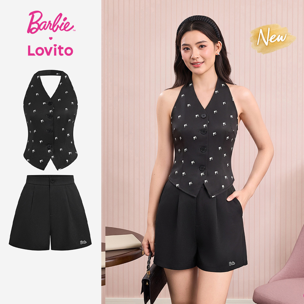 (New Arrival) Barbie™ X Lovito Áo hoặc Quần ngắn thêu xếp Ly có túi xuân hè đen Cho nữ SHBL6PAD045