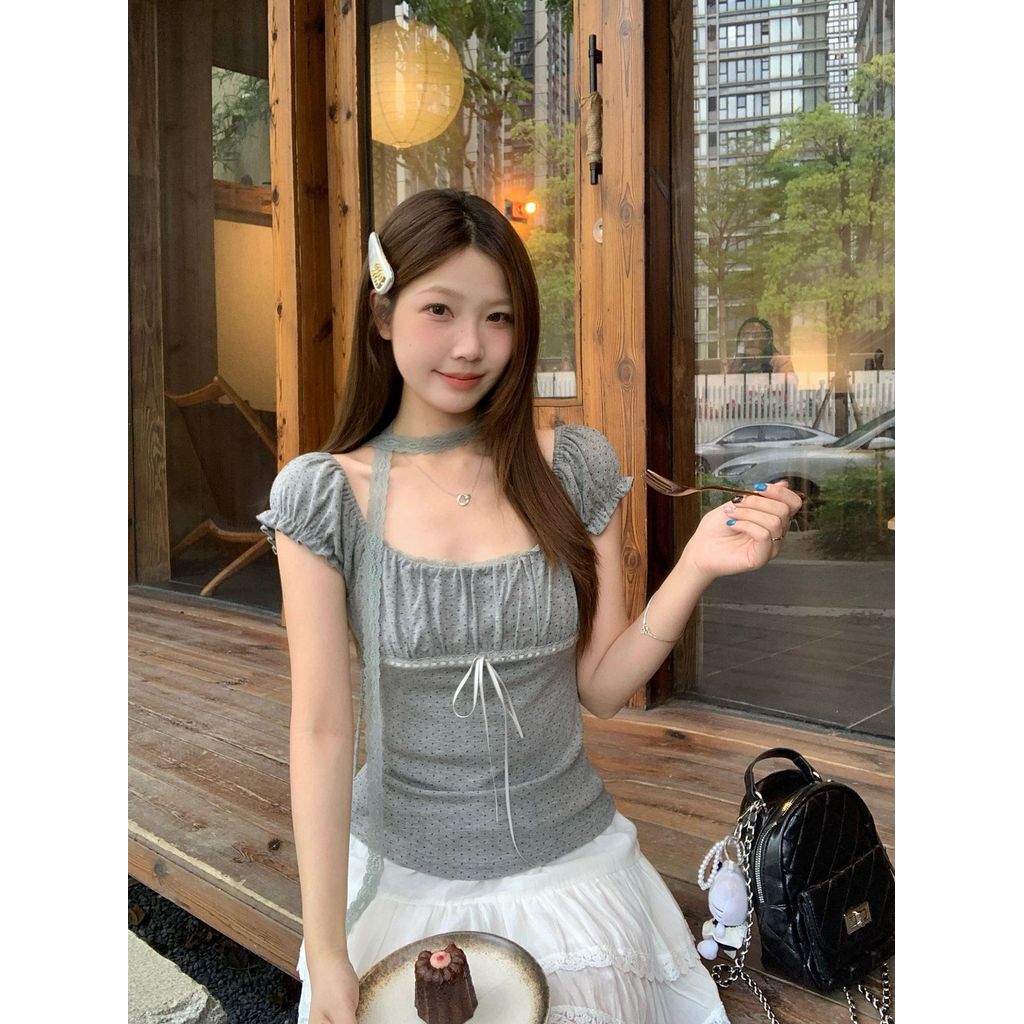 Mùa hè Phong Cách Mới Chấm Bi Áo Thun Tay Phồng Ngọt Cay Mặc Ôm Hơn Nhìn Top | BigBuy360 - bigbuy360.vn