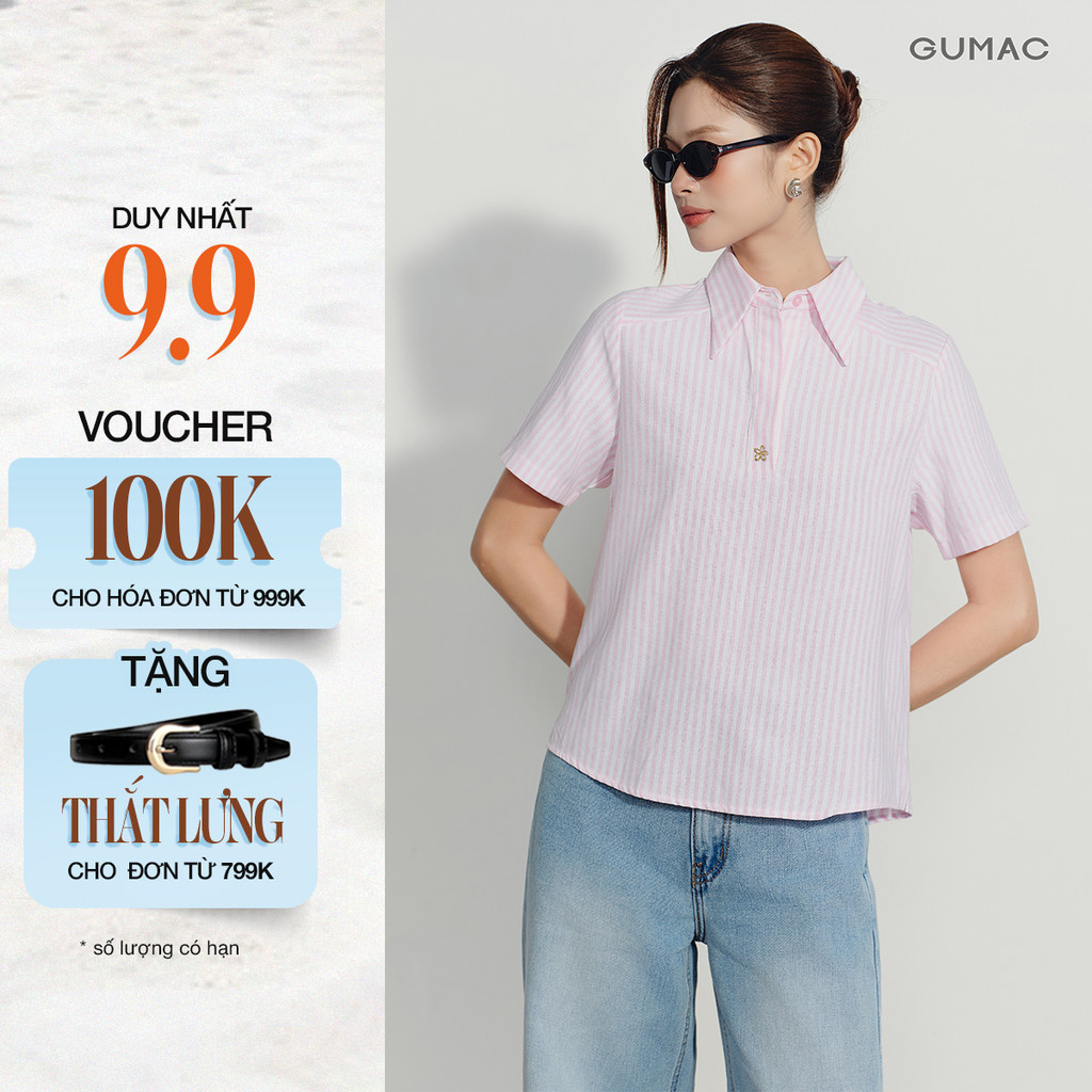 Áo Sơ Mi Nữ GUMAC Form Suông Tay Ngắn Lai Bầu Đính Nút Trang Trí Hiện Đại Thanh Lịch LAG08113