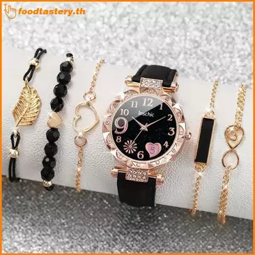 FTY 6 Cái / bộ Đồng Hồ Nữ Hoa Đồng Hồ Thạch Anh Đồng Hồ Da PU Cổ Tay Đồng Hồ Vòng Tay Tổ Hợp Bộ Trang Sức Cho Nữ Cô Gái N