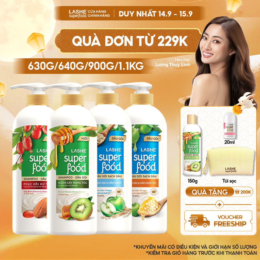 Dầu Gội LASHE SUPERFOOD Ngăn Gãy Rụng Tóc/Phục Hồi Hư Tổn /Sạch Gàu Giảm Rụng /Sạch Gàu Mềm Mượt 300G/ 640G/ 630G/ 1.1KG