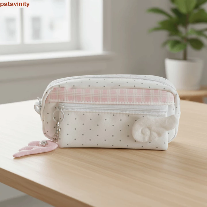 PATAVINITY Túi đựng bút phong cách Hàn Quốc, Lưới Y2k Wings Dots Hộp đựng bút chì, Túi đựng mỹ phẩm Văn phòng phẩm Lưu trữ máy tính để bàn Túi đựng văn phòng phẩm vải dung tích lớn Giá đỡ văn phòng ph