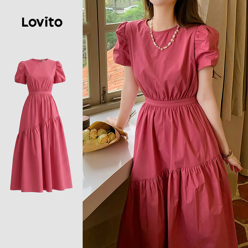 Lovito Đầm hồng đỏ phong cách xuân/hè dáng suông xếp ly nhún eo LK7AD171