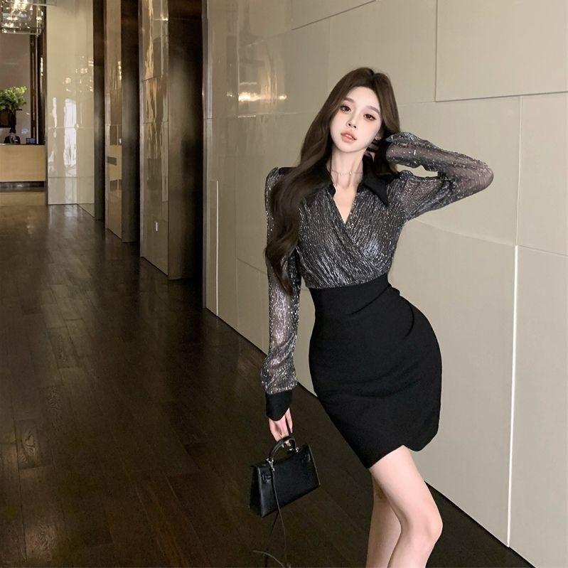Cao Cấp Cổ Chữ V Giả Hai Mảnh Khâu Dài Tay Váy Hông Không Đều Mùa Thu Phong Cách Mới